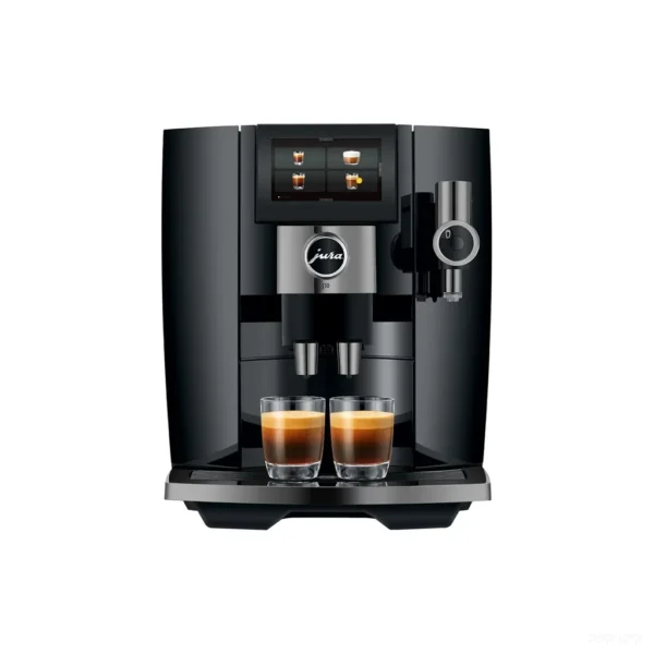 מכונת קפה Jura J10 Piano Black במבט חזיתי עם שני ספלי אספרסו על מגש הטפטוף