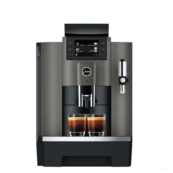 מכונת קפה אוטומטית Jura W8 Dark Inox - מבט חזיתי עם תפריט המשקאות על המסך