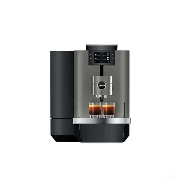 מכונת קפה Jura X10 Dark Inox - מבט חזיתי עם שתי כוסות אספרסו במזיגה כפולה