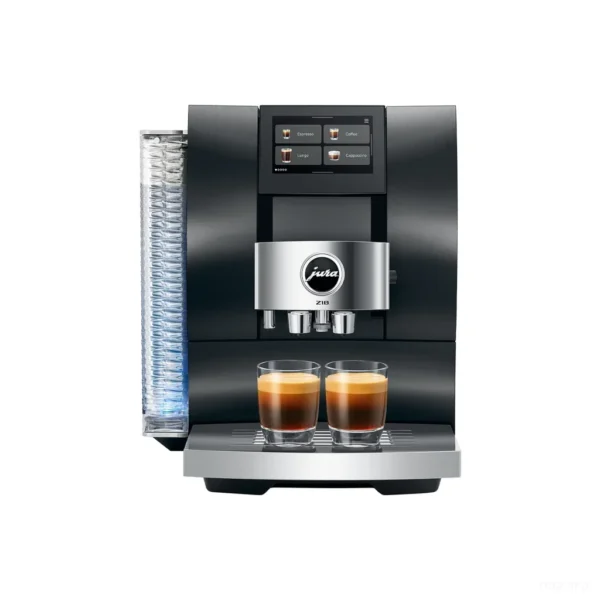 מכונת קפה Jura Z10 Aluminium Black - מבט חזית על פאנלי האלומיניום ומיכל המים המואר