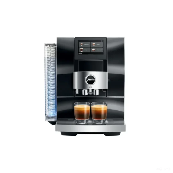 מכונת קפה Jura Z10 Diamond Black - מבט חזית עם מיכל המים המואר ושתי כוסות אספרסו