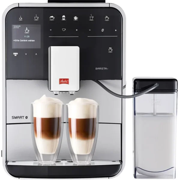 מכונת קפה אוטומטית Melitta Barista T Smart כסופה במבט חזיתי, מסך TFT צבעוני ומקשי מגע