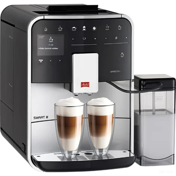מכונת קפה מליטה Melitta Barista T Smart כסופה בזווית צד, עם פיית All in One ומיכל החלב