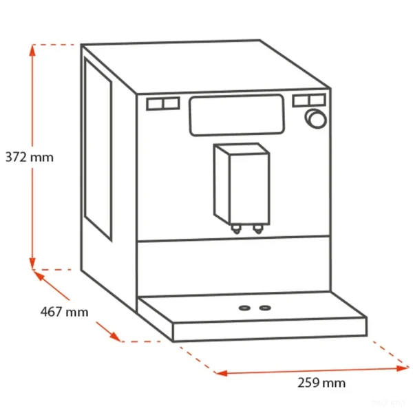 שרטוט מידות מכונת הקפה Melitta Barista T Smart: רוחב 259 מ"מ, גובה 372 מ"מ, עומק 467 מ"מ