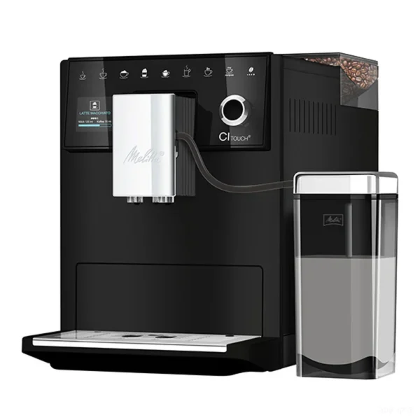 מכונת קפה אוטומטית מליטה Melitta CI Touch Black בזווית קלה, עם מיכל הפולים הכפול ומיכל החלב