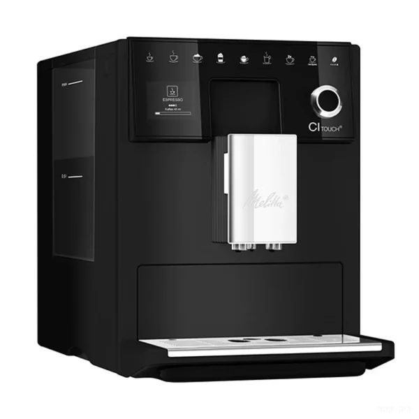 מכונת קפה אוטומטית מליטה Melitta CI Touch Black בזווית תלת רבעי, עם חלוניות מפלס המים ופתח המזיגה המשולב