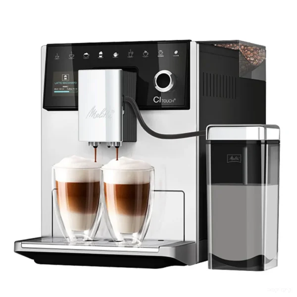 מכונת קפה אוטומטית מליטה Melitta CI Touch Silver בזווית תלת רבעי, עם מיכל הפולים הכפול ומיכל החלב
