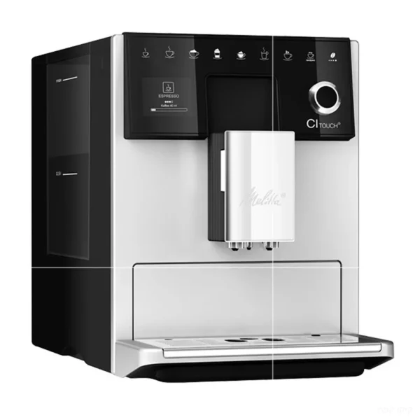 מכונת קפה אוטומטית מליטה Melitta CI Touch Silver בזווית צד, עם חלוניות מפלס המים ופתח המזיגה המשולב