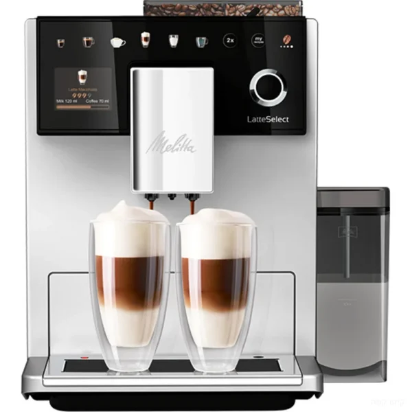 מכונת קפה אוטומטית מליטה Melitta Latte Select בכסף, מבט חזיתי עם מיכל החלב ושתי כוסות לאטה מקיאטו