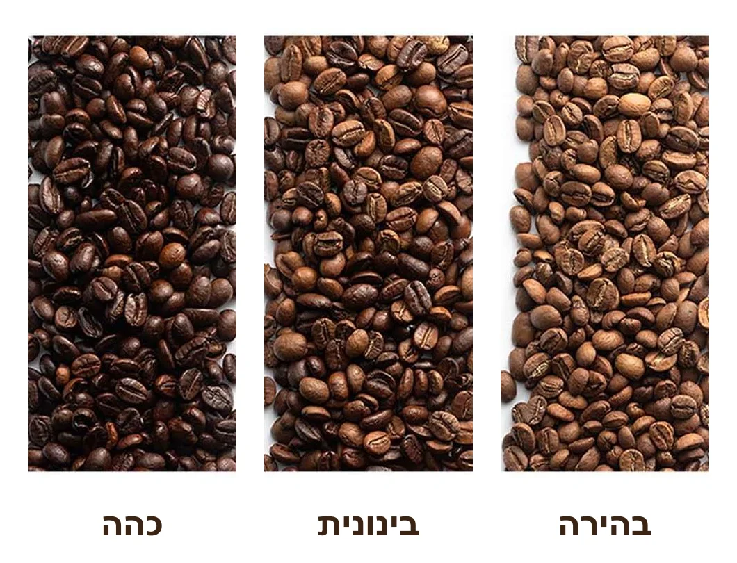 שלוש ערמות פולי קפה זו לצד זו בתקריב: קלייה בהירה מימין, בינונית באמצע וכהה משמאל, עם תווית מתחת לכל אחת