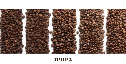 תשע ערמות של פולי קפה זו לצד זו, מקלייה בהירה מימין ועד קלייה כהה משמאל, על רקע לבן, עם התוויות בהירה, בינונית וכהה