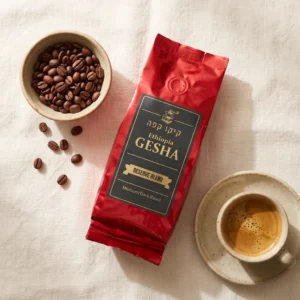 תערובת גישה רזרב Gesha Reserve Blend - שקית קפה אדומה של קיקו קפה עם פולים וכוס אספרסו